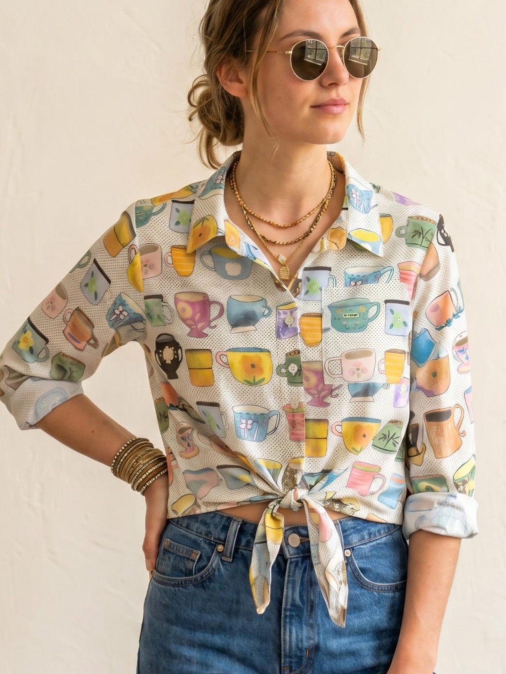 NATURAL LIFE Rare Pastel Multi Cup Print Tie-Front Button-Down Shirt! Size med